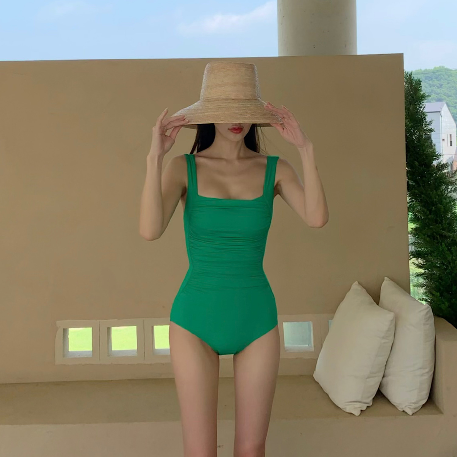 Square Corset One-Piece Dress Swimming Suit (Bambu Green)