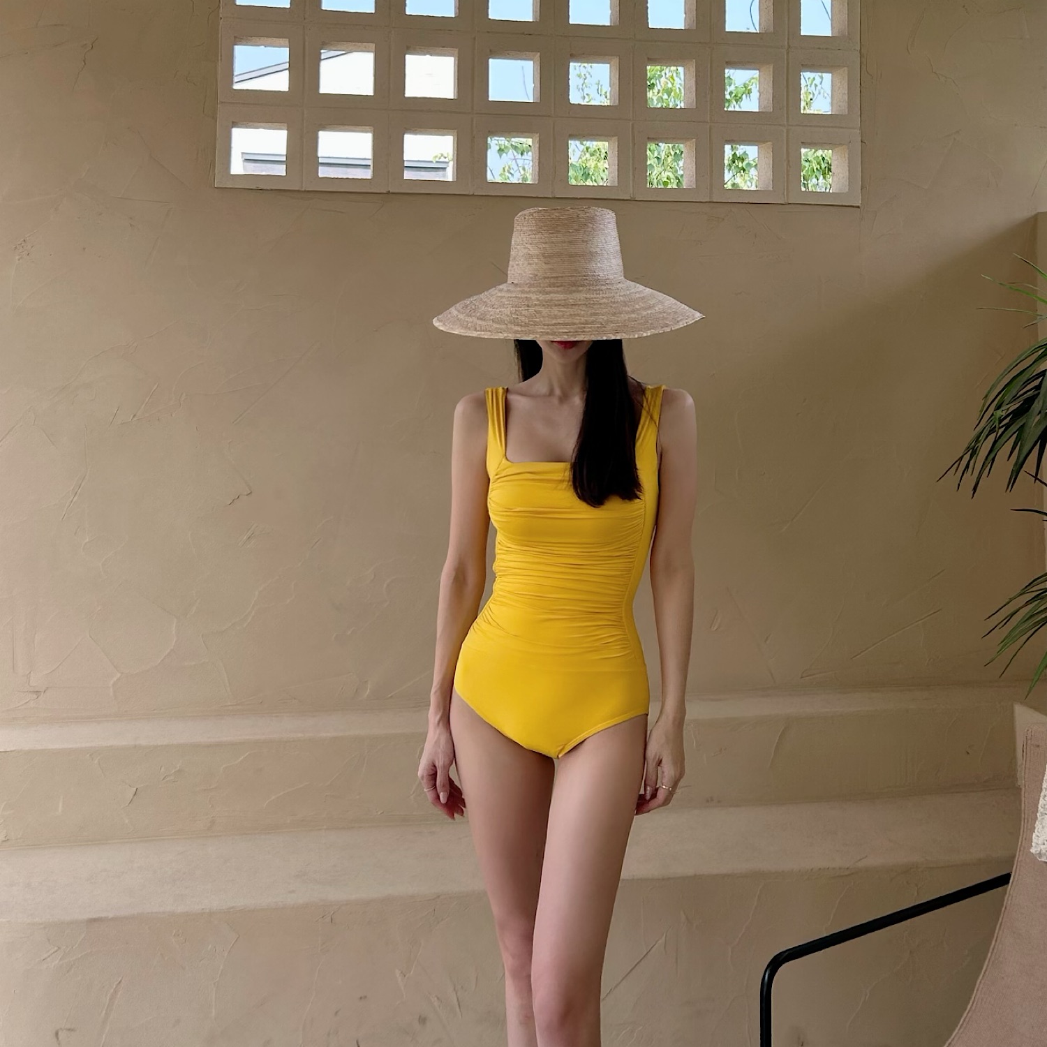 Square Corset One-Piece Dress Swimsuit (Yellow)
