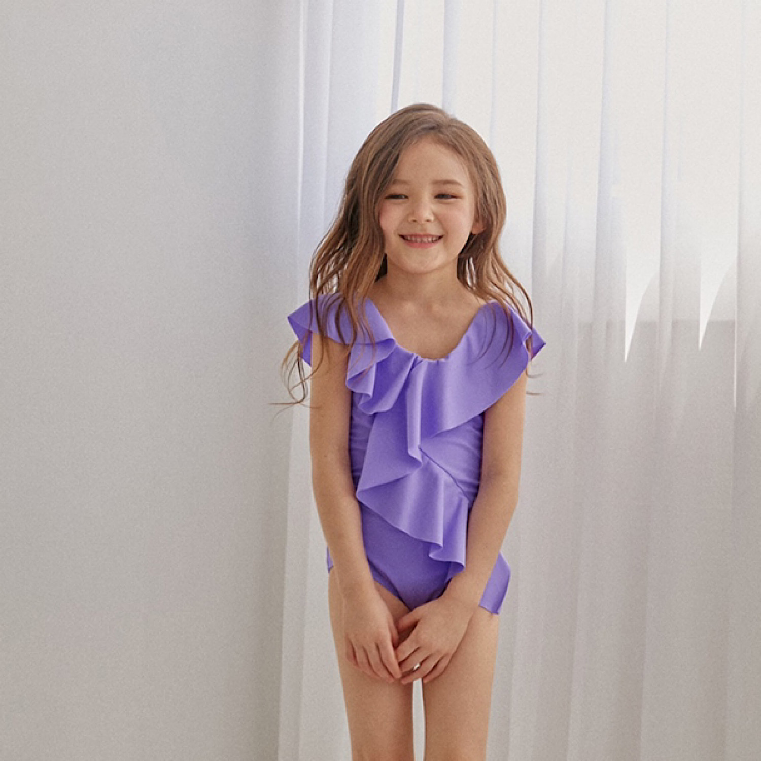 [KIDS] 荷叶边 V领 连衣裙 泳装 (紫色)
