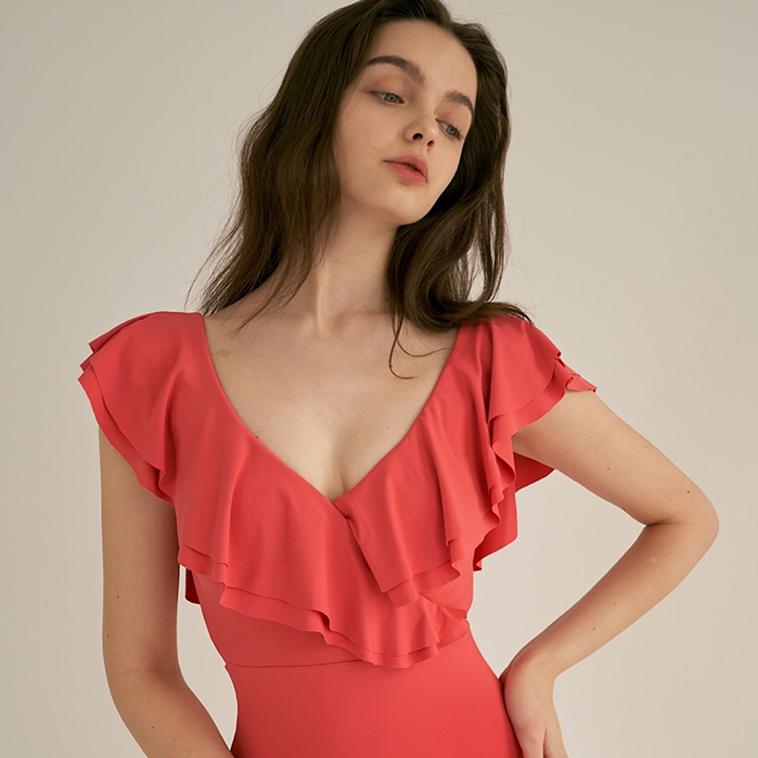 ruffle frill dress swimsuit (Coral)