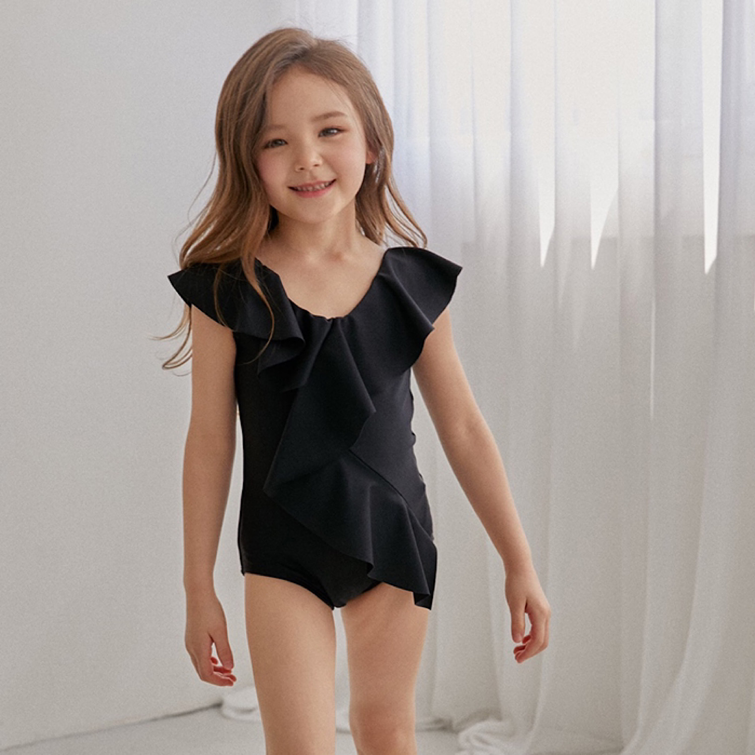 [Kids] Frill V-Piece Dress Swimming Suit (Black)