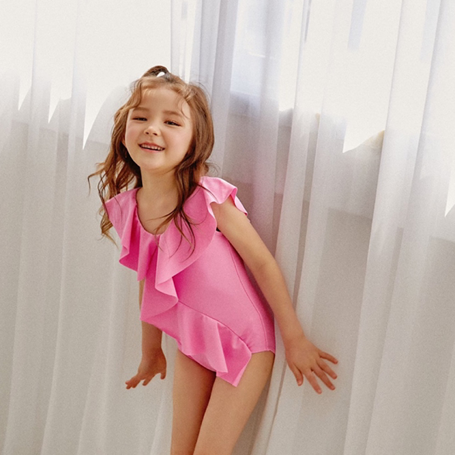 [Kids] Frill V-Piece Dress Swimming Suit (Baby Pink)
