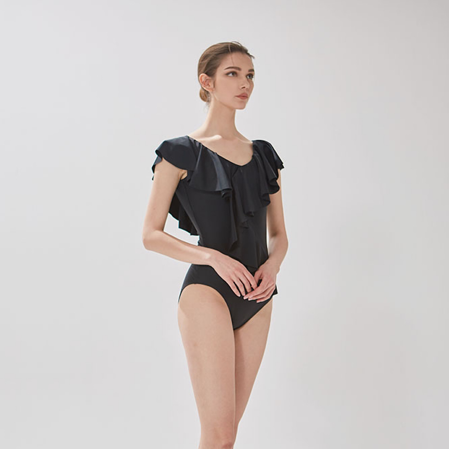 Frill V-Piece Dress Swimming Suit (Black)