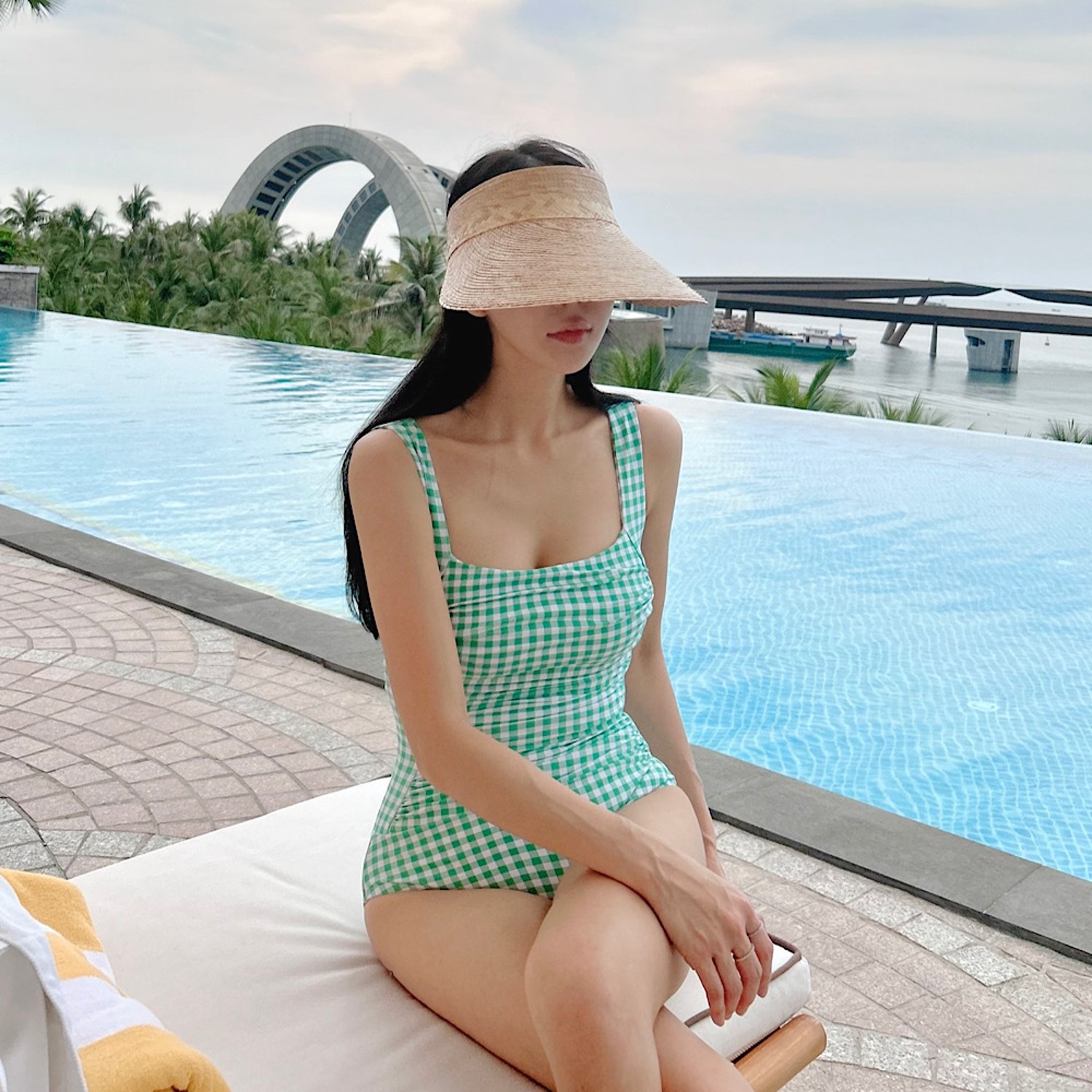 Printed Square Corset One-Piece Swimsuit (Green Checkered)